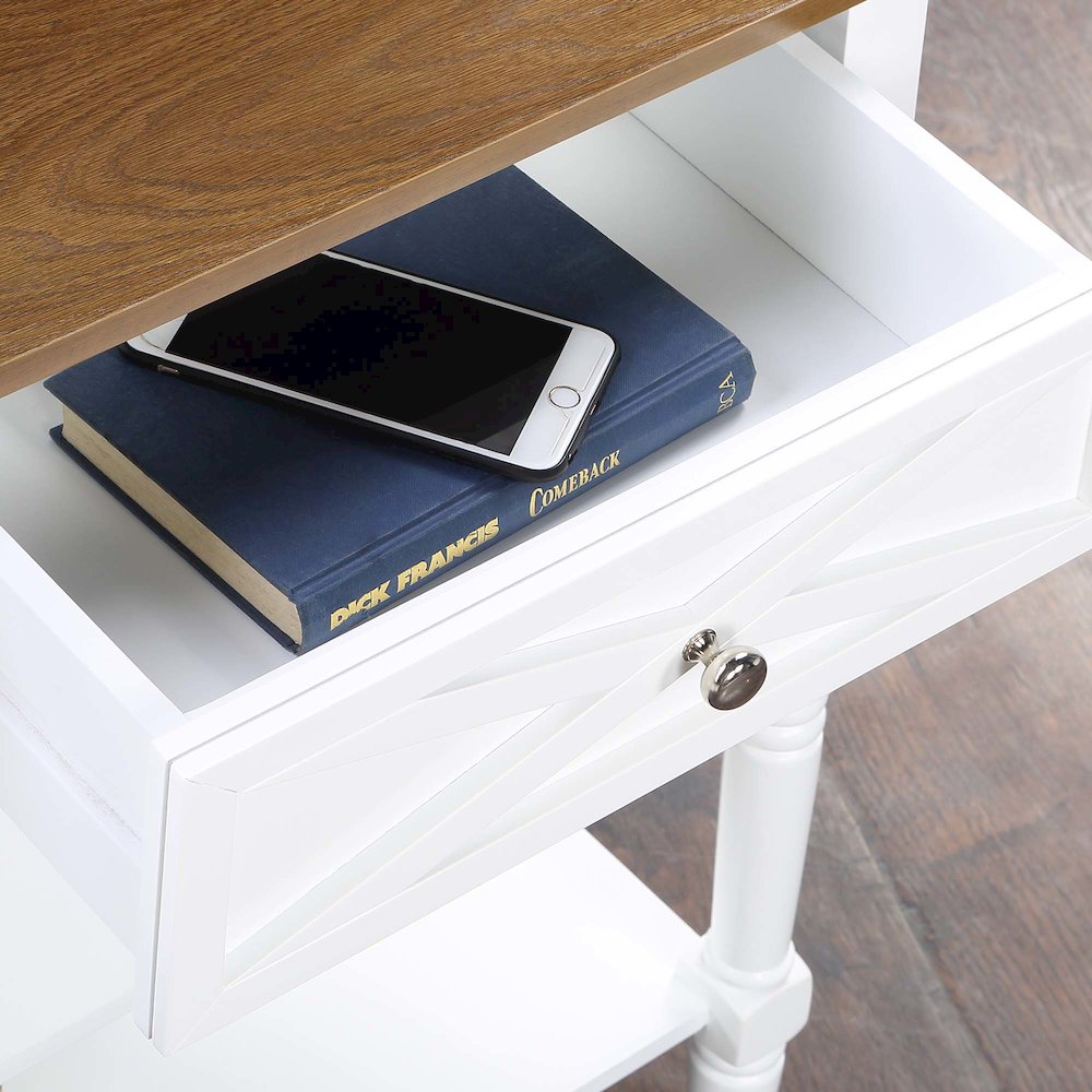 Country Oxford 2 Drawer Console Table with Shelves, Driftwood Top/White Frame. Picture 4