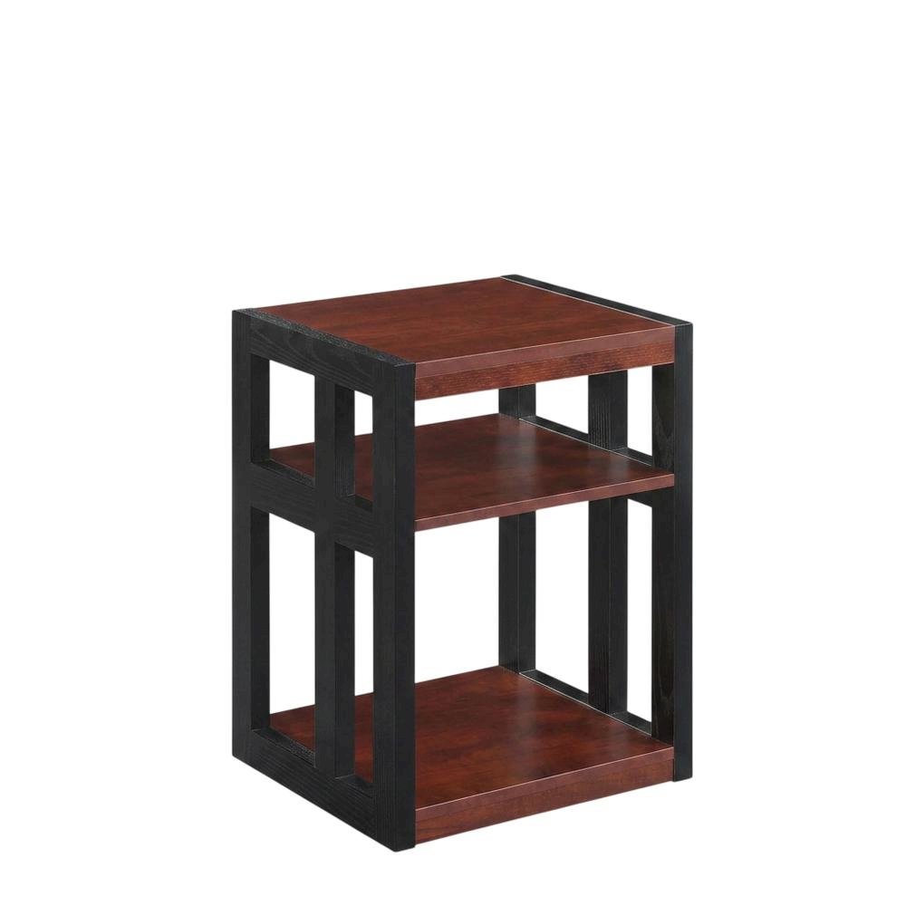 Cherry and Black Finish End Table with Shelves, Modern and Sturdy. Picture 1