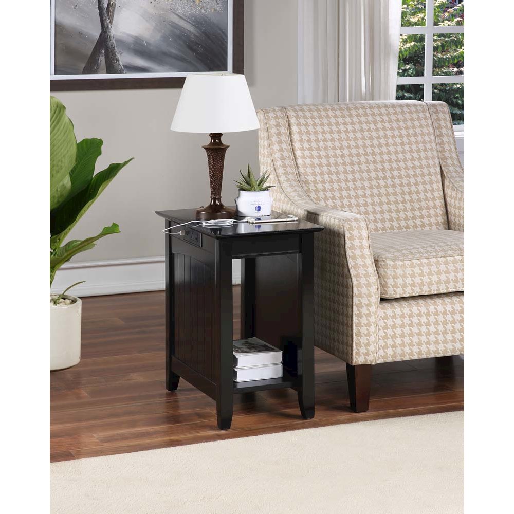 Edison End Table with Charging Station and Shelf, Black. Picture 2