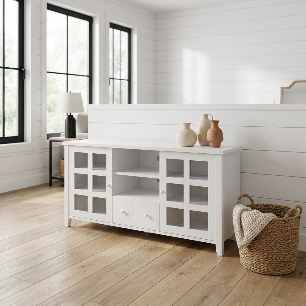 White 1-Drawer TV Stand with Storage Cabinets and Shelves for 65-Inch TVs. Picture 2