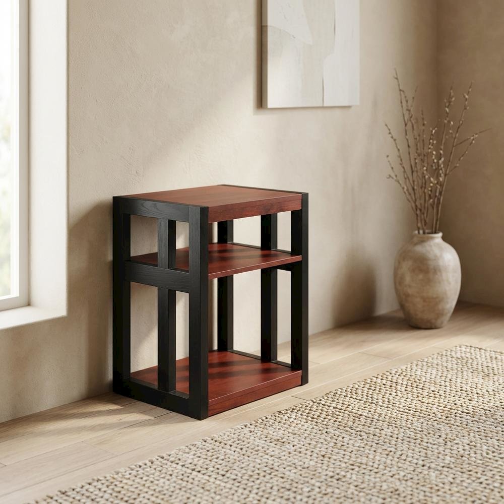 Cherry and Black Finish End Table with Shelves, Modern and Sturdy. Picture 2