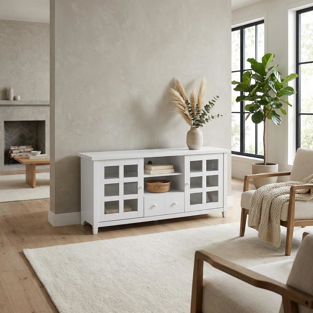 White 1-Drawer TV Stand with Storage Cabinets and Shelves for 65-Inch TVs. Picture 3