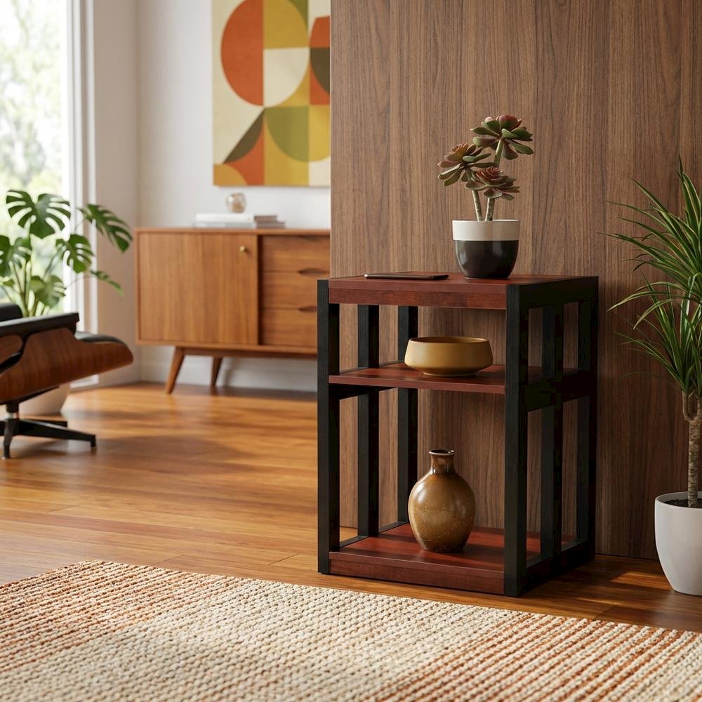 Cherry and Black Finish End Table with Shelves, Modern and Sturdy. Picture 3