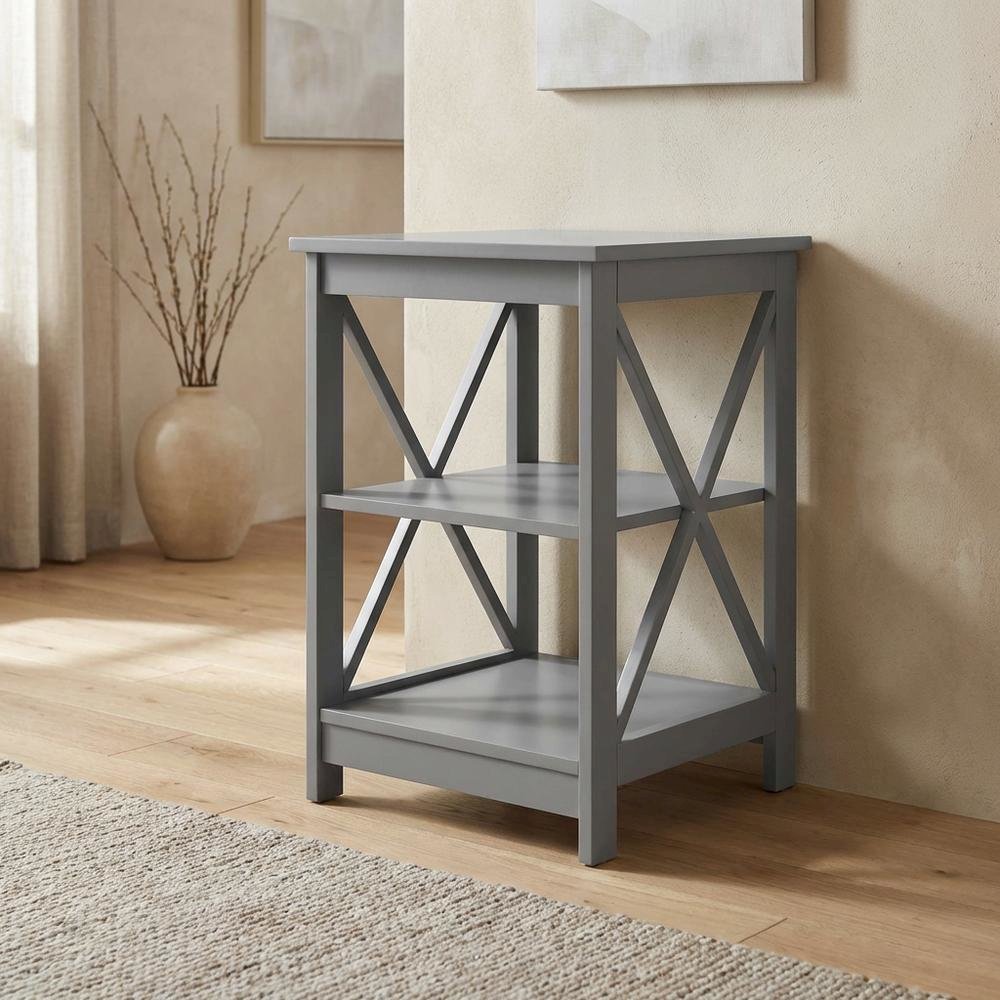 Gray end table with storage shelves in transitional coastal style. Picture 2