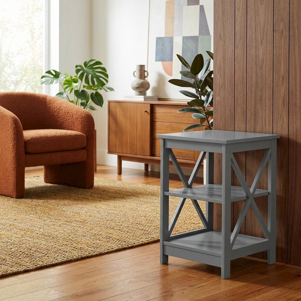 Gray end table with storage shelves in transitional coastal style. Picture 3