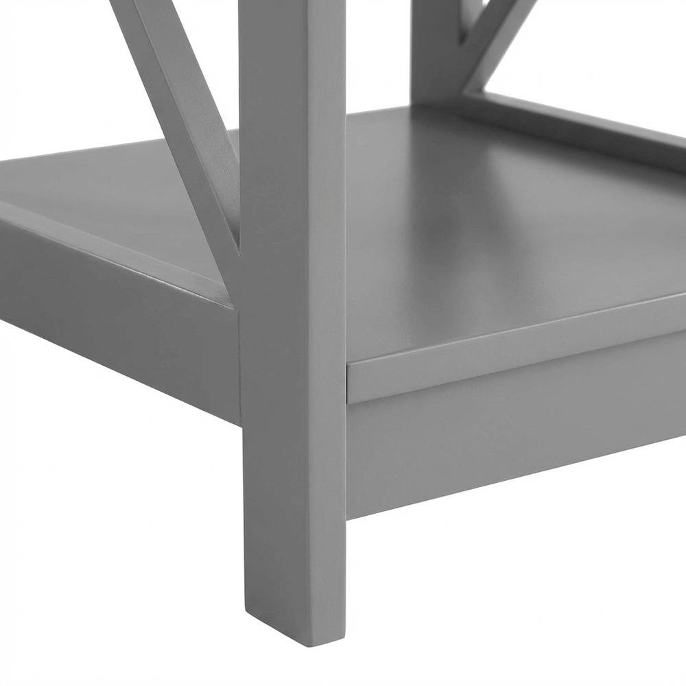 Gray end table with storage shelves in transitional coastal style. Picture 5