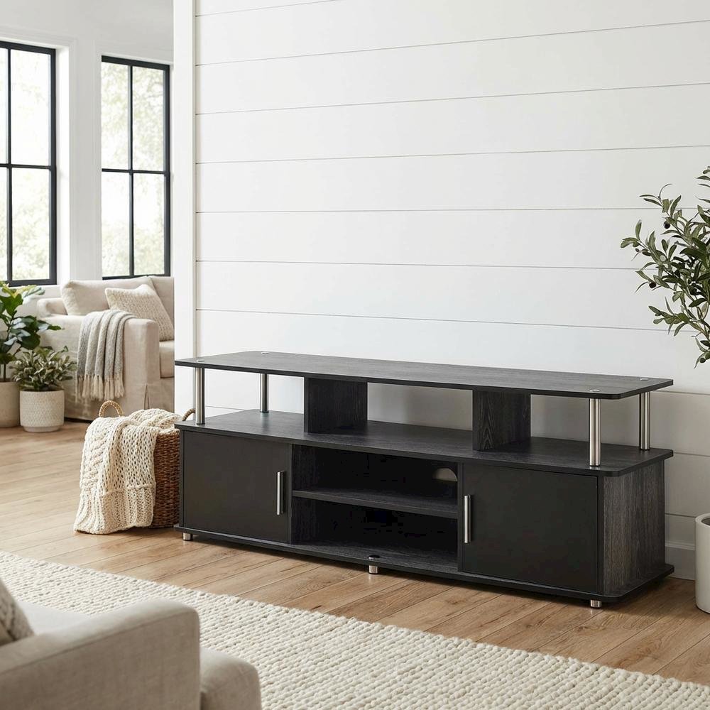 Weathered Gray/Black TV Stand with Melamine Veneer and Sturdy Construction. Picture 2