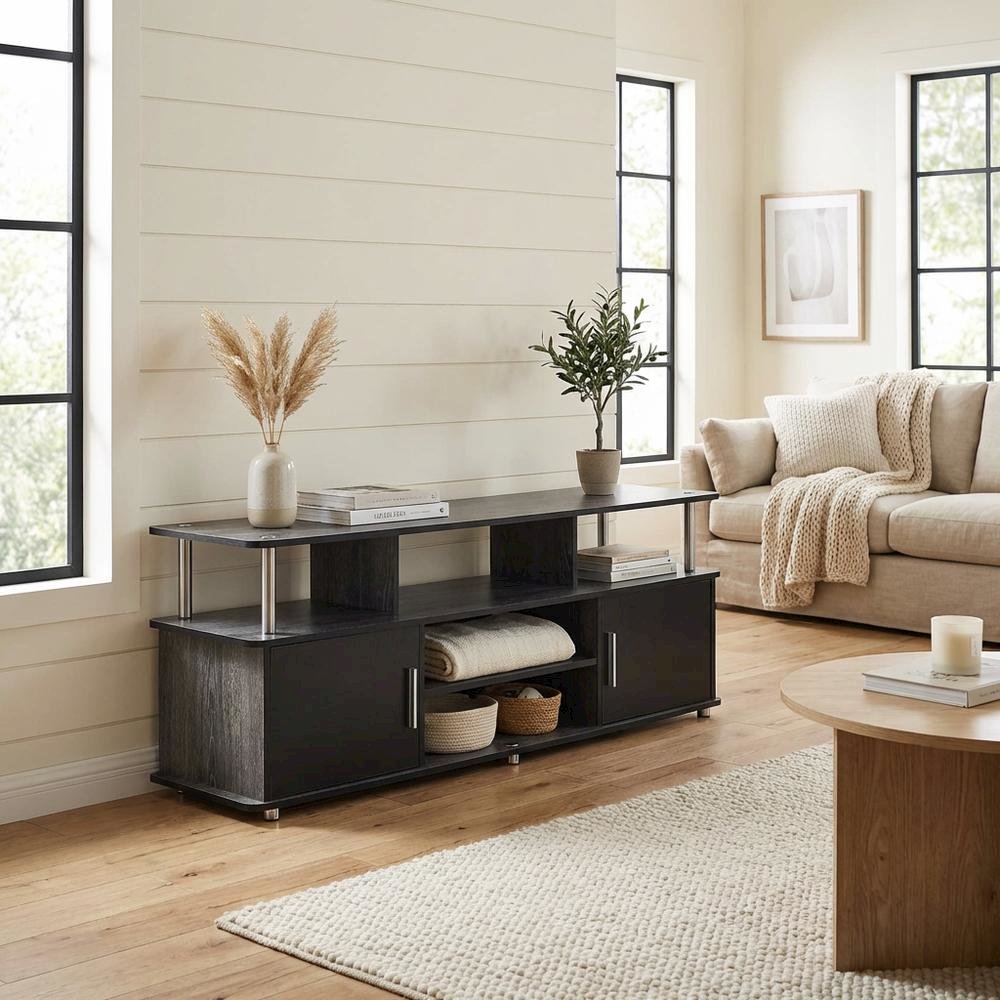 Weathered Gray/Black TV Stand with Melamine Veneer and Sturdy Construction. Picture 3