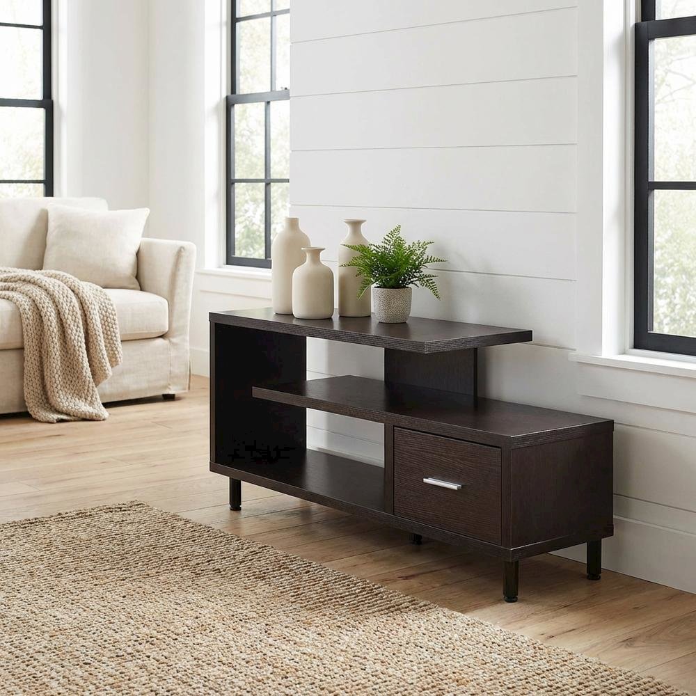 Contemporary Brown TV Stand with 1 Drawer and Shelves for Up to 65-Inch TVs. Picture 2