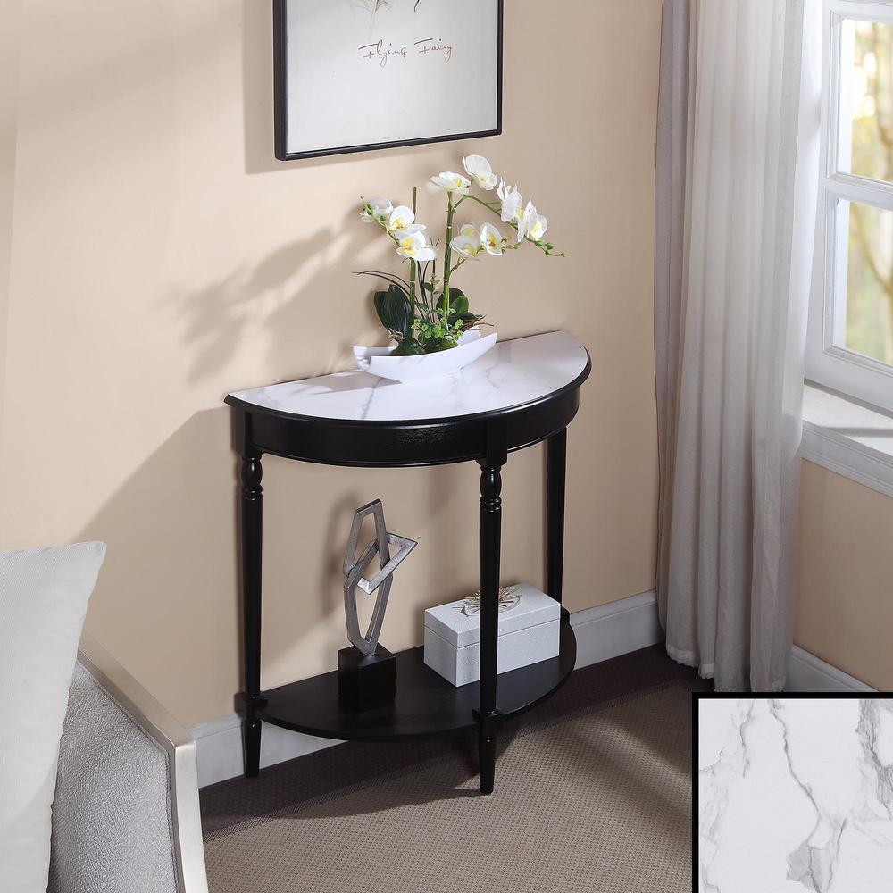 French Country Half-Round Entryway Table with Shelf, White Faux Marble/Black. Picture 3