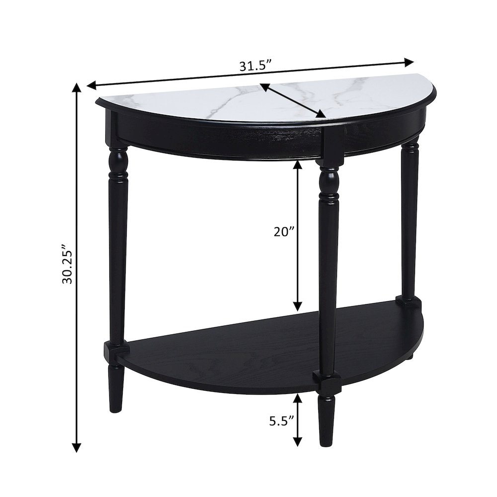 French Country Half-Round Entryway Table with Shelf, White Faux Marble/Black. Picture 4