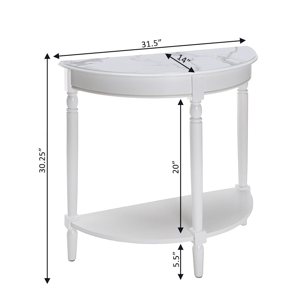 French Country Half-Round Entryway Table with Shelf, White Faux Marble/White. Picture 4