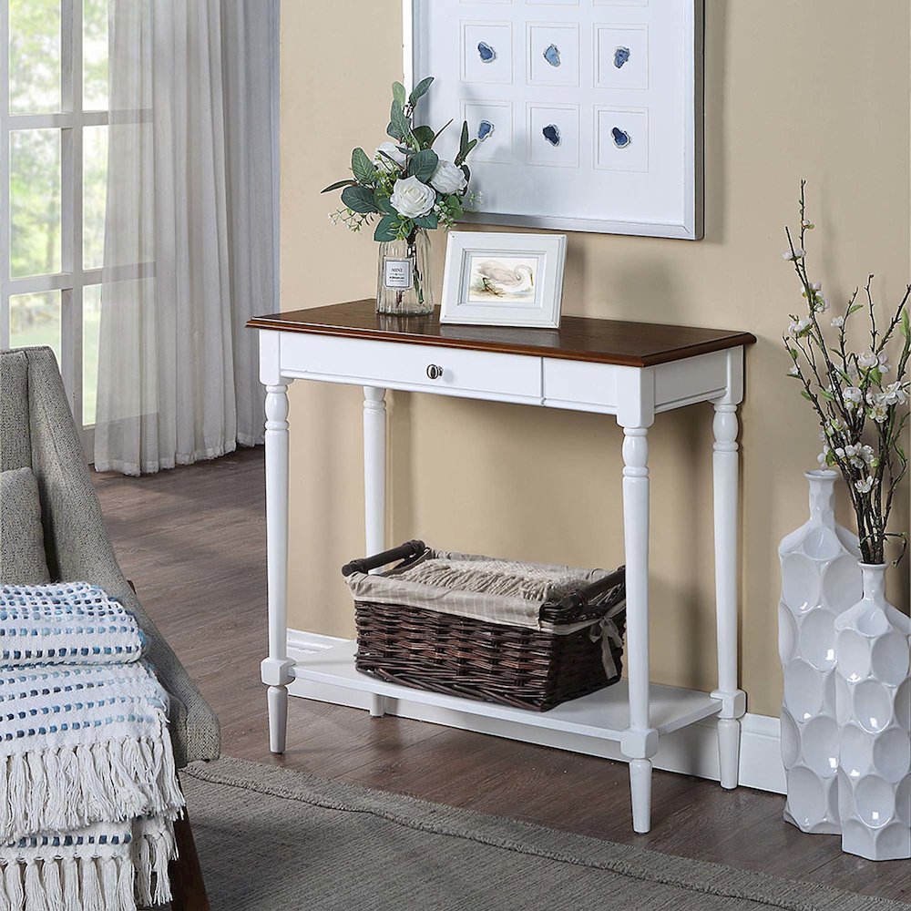 French Country 1 Drawer Hall Table with Shelf, Dark Walnut/White Finish. Picture 2