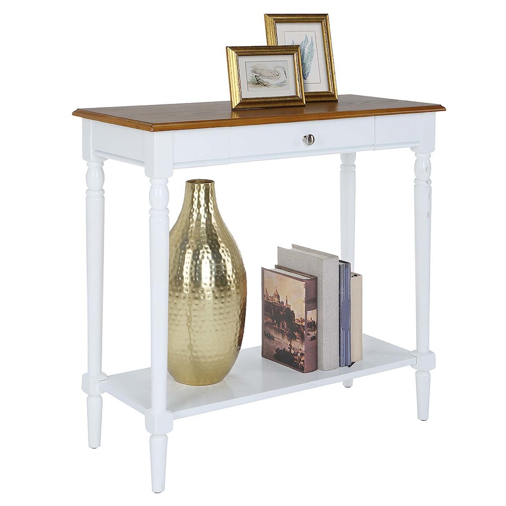 French Country 1 Drawer Hall Table with Shelf, Dark Walnut/White Finish. Picture 3
