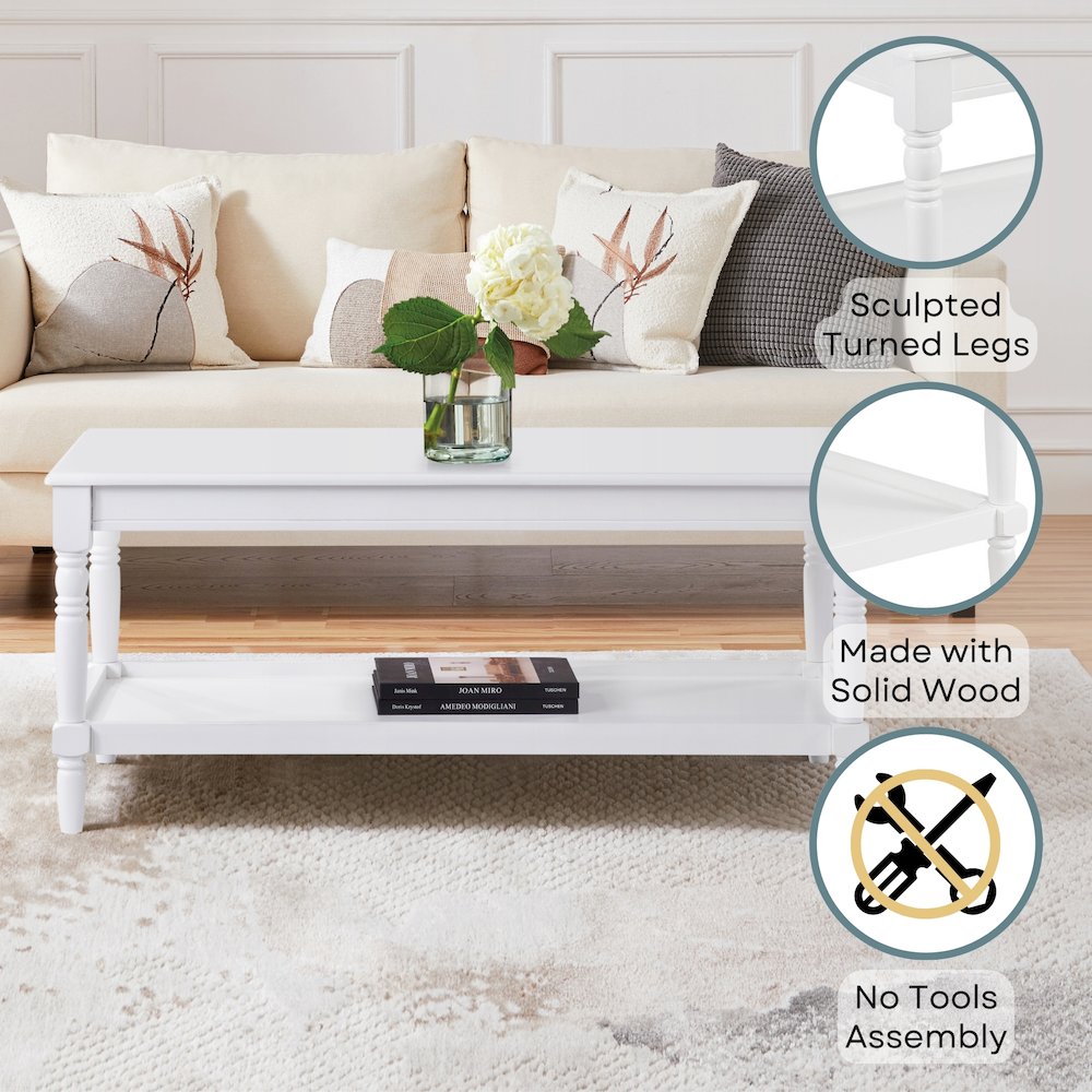 French Country Manor No Tools Coffee Table with Shelf. Picture 3