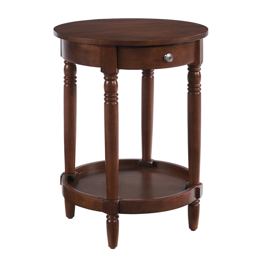 French Country Manor No Tools Round End Table with Shelf. Picture 1