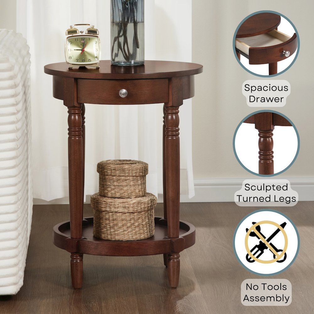French Country Manor No Tools Round End Table with Shelf. Picture 3