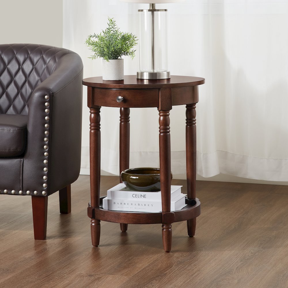 French Country Manor No Tools Round End Table with Shelf. Picture 2