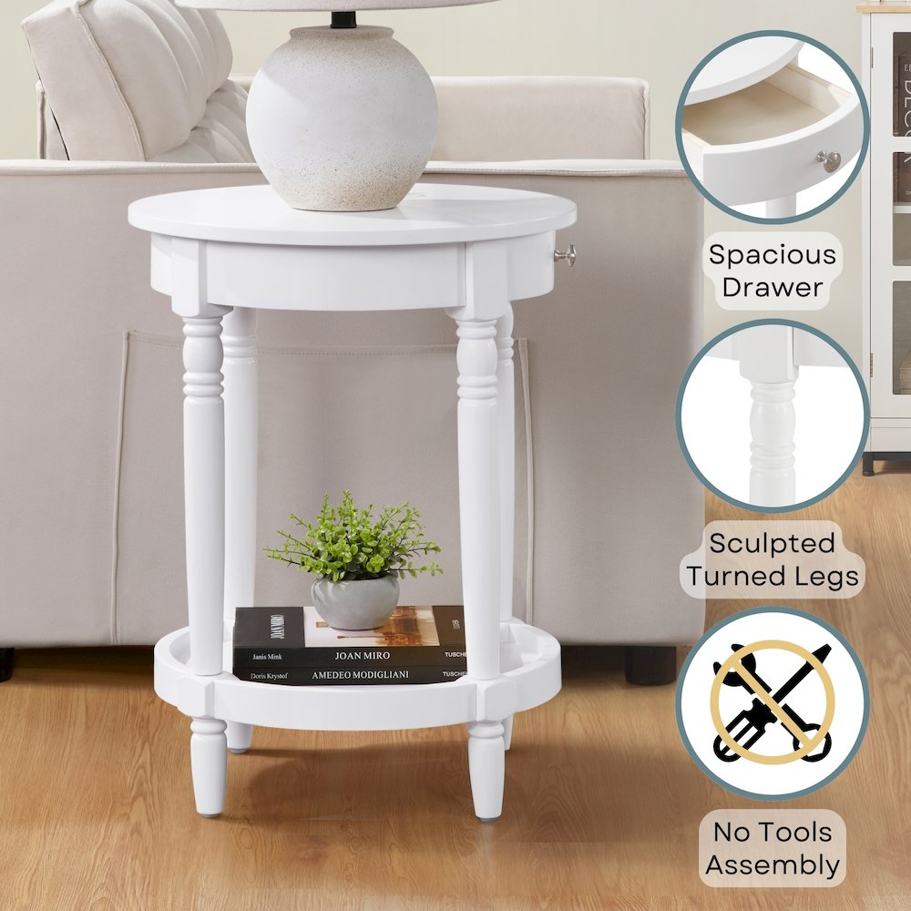 French Country Manor No Tools Round End Table with Shelf. Picture 3
