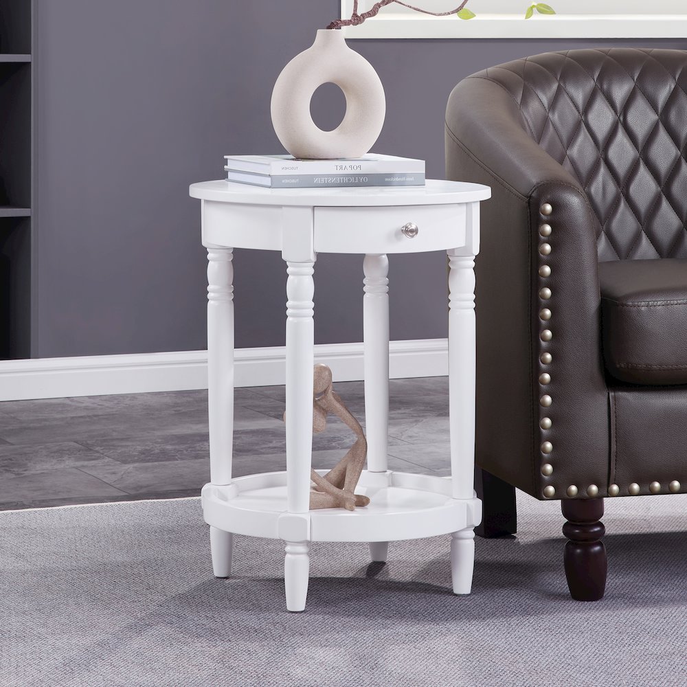 French Country Manor No Tools Round End Table with Shelf. Picture 2