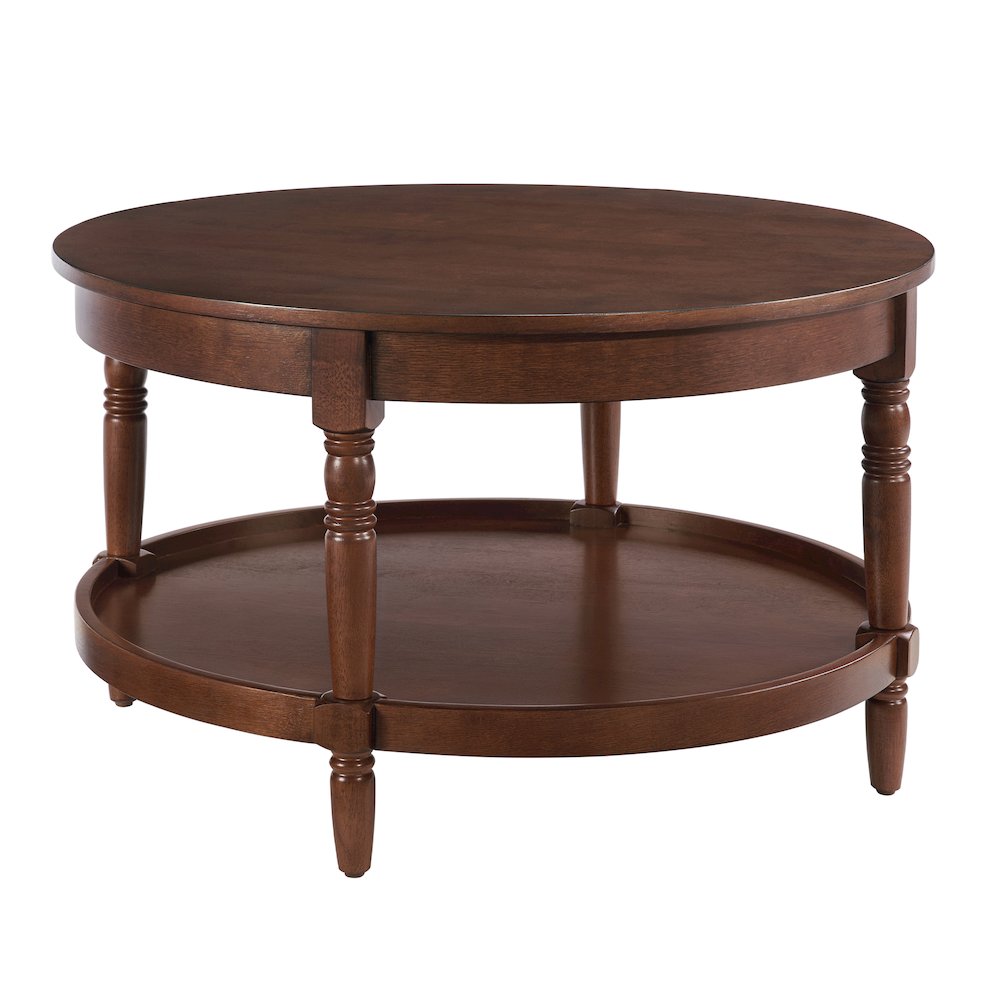 French Country Manor No Tools Round Coffee Table with Shelf. Picture 1