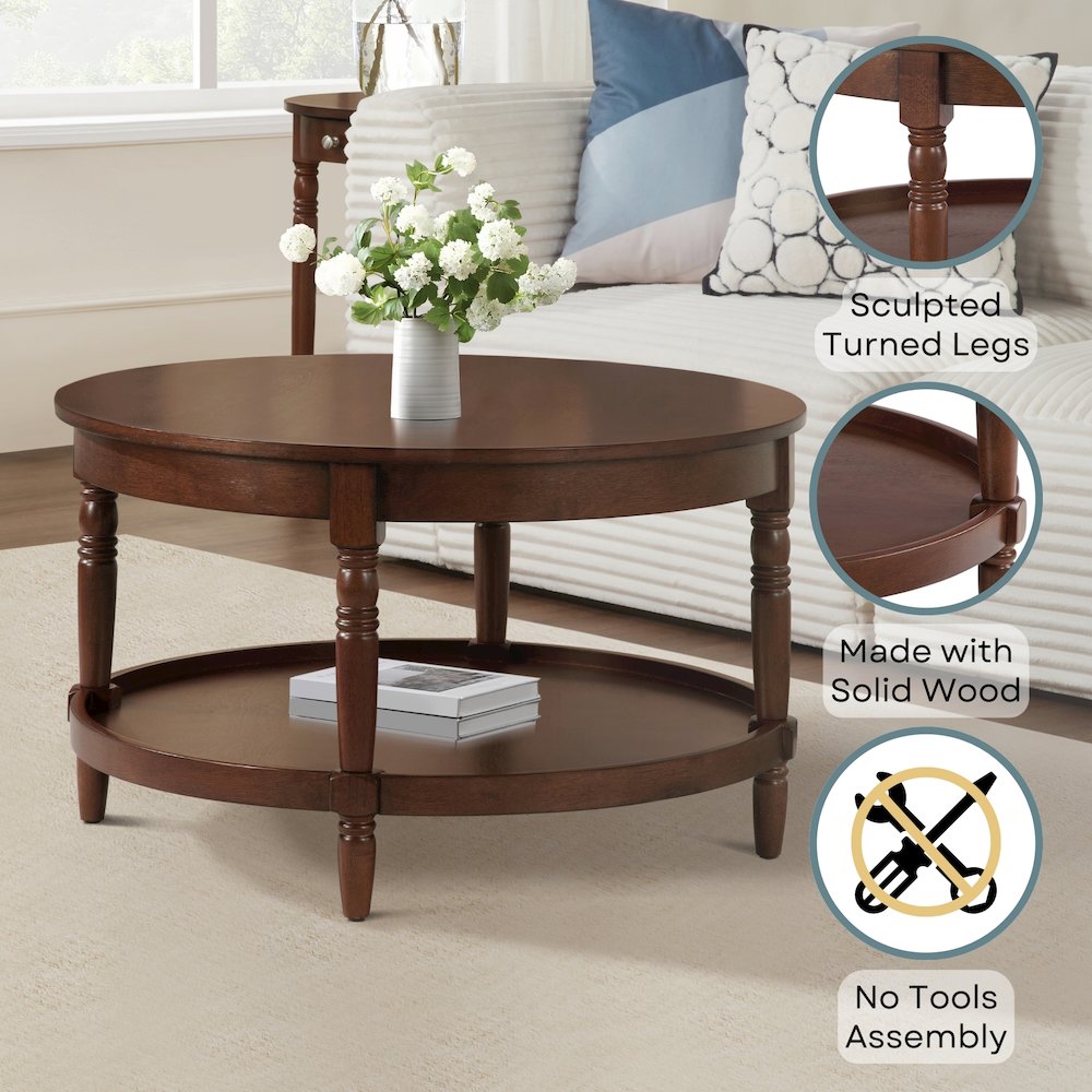 French Country Manor No Tools Round Coffee Table with Shelf. Picture 3