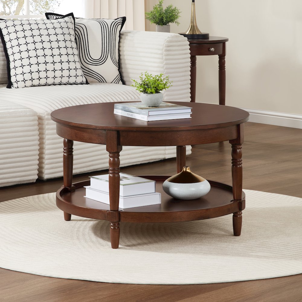 French Country Manor No Tools Round Coffee Table with Shelf. Picture 2