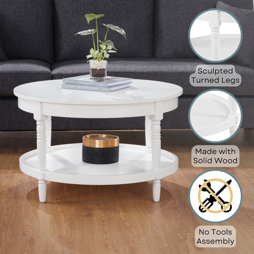 French Country Manor No Tools Round Coffee Table with Shelf. Picture 3