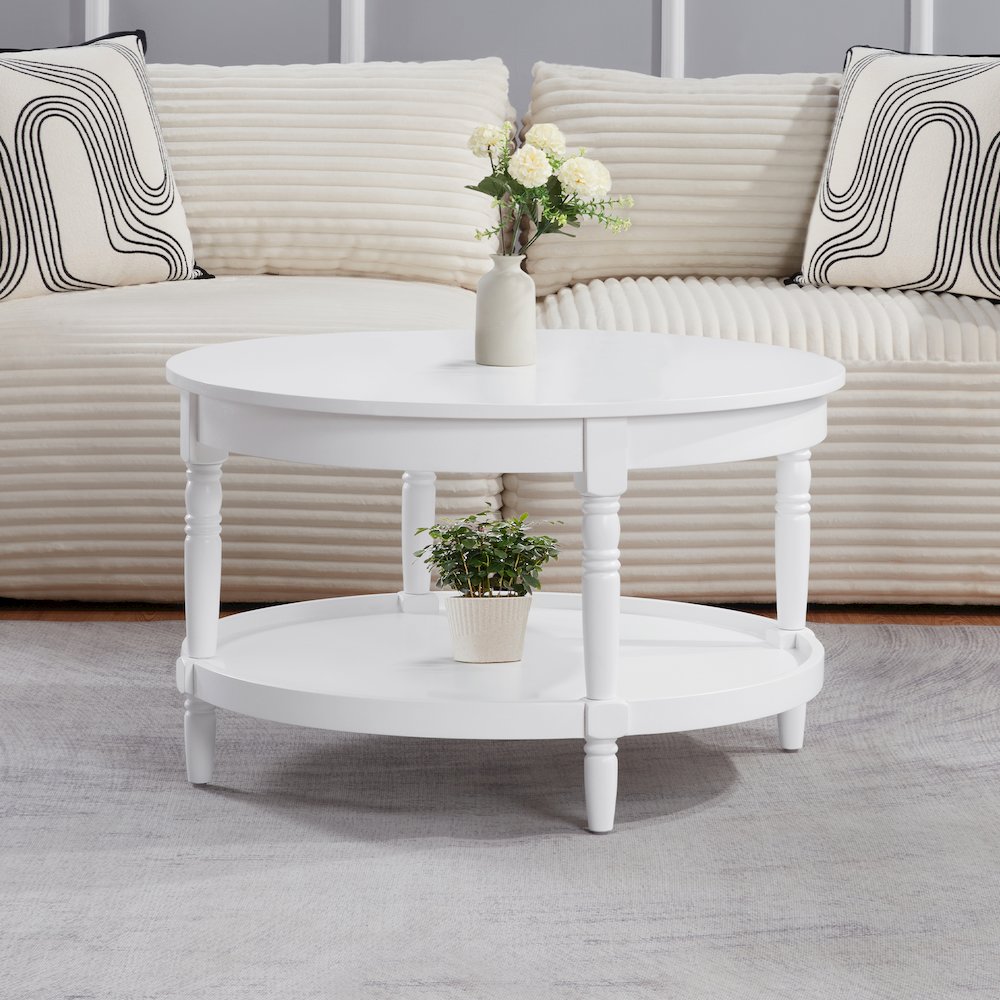 French Country Manor No Tools Round Coffee Table with Shelf. Picture 2