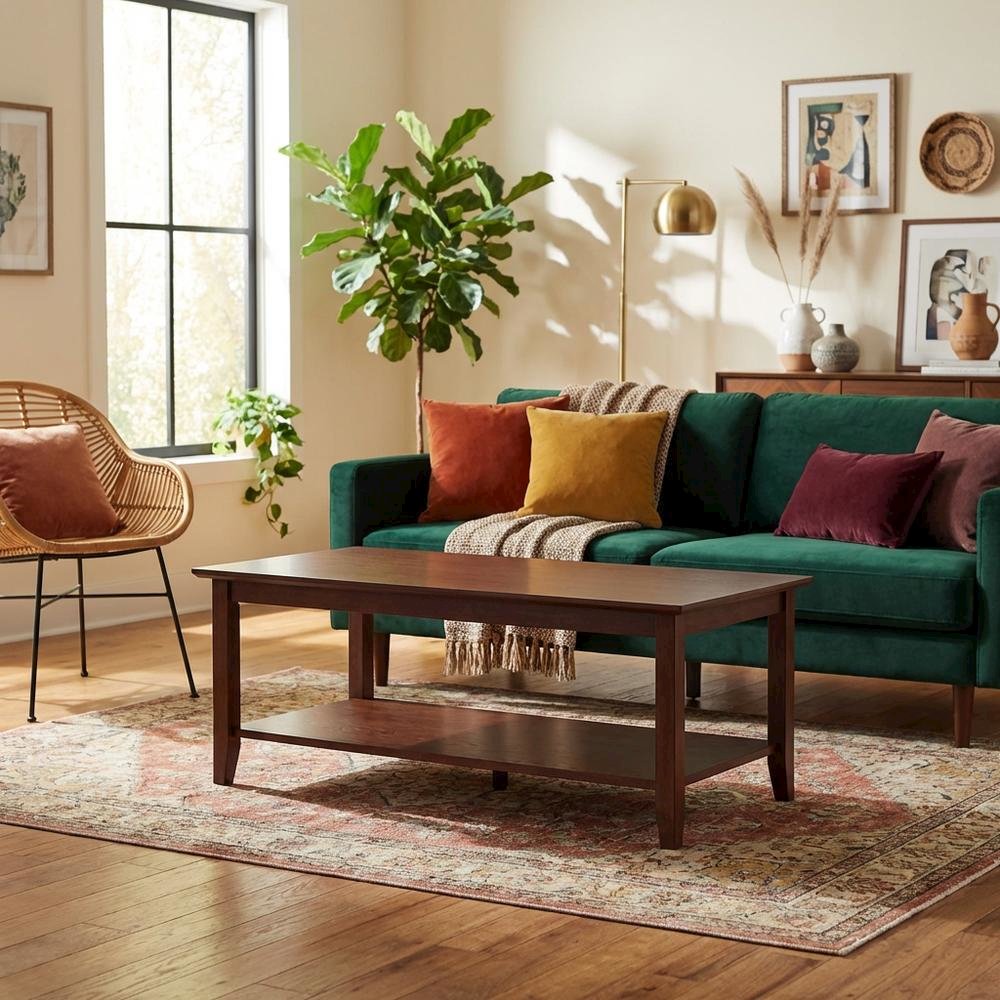Rectangular Coffee Table with Shelf in Brown MDF and Rubberwood Legs. Picture 2