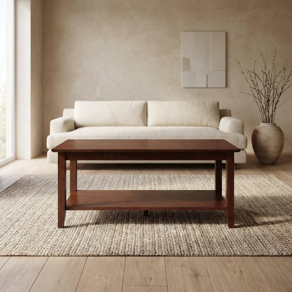 Rectangular Coffee Table with Shelf in Brown MDF and Rubberwood Legs. Picture 3