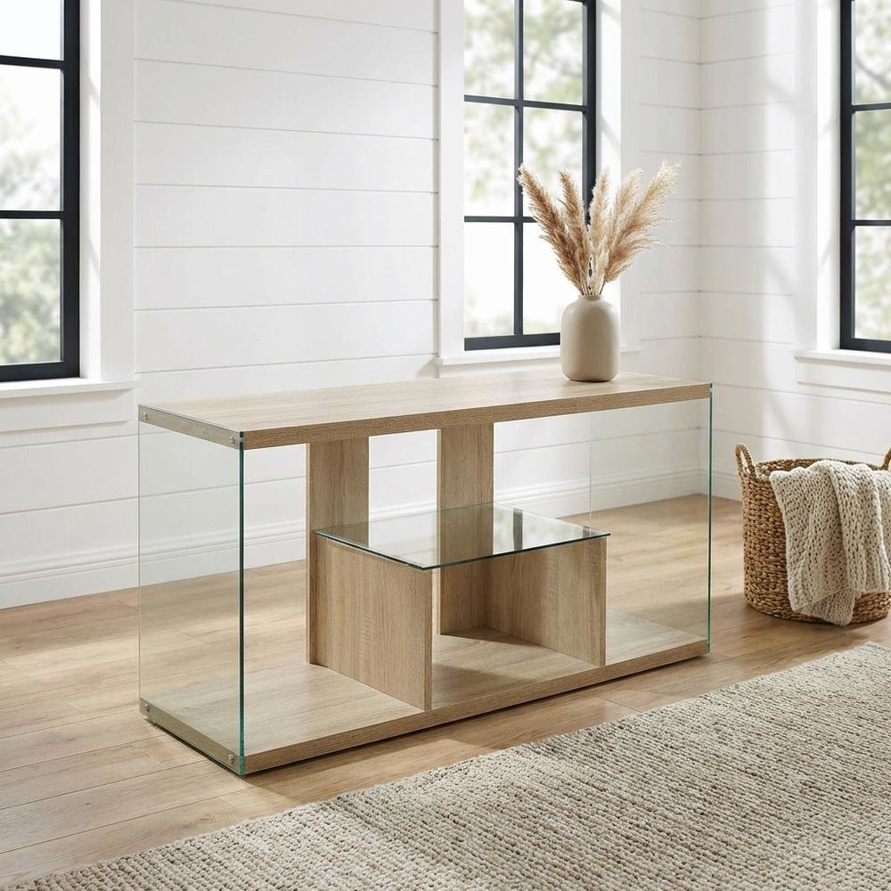 Weathered White TV Stand with Tempered Glass and Particle Board Surface. Picture 2