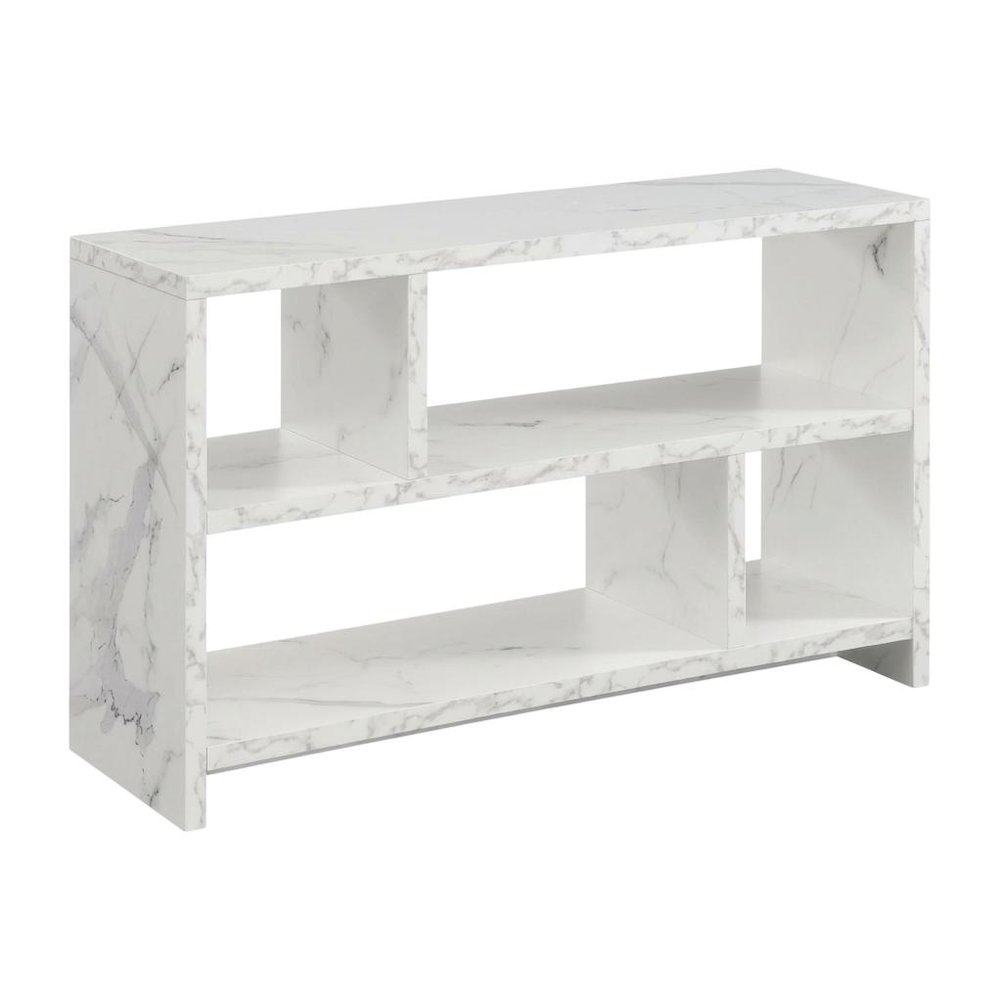 White Faux Marble TV Stand Console with Shelves and Hollow Core Material. Picture 1