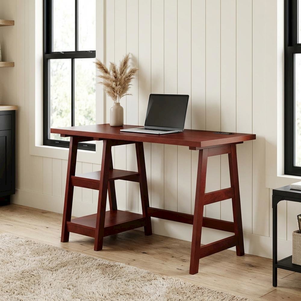 Cherry Trestle Desk, Integrated Charging Station, Melamine Finish. Picture 3