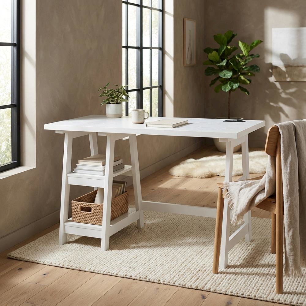 White Trestle Desk With Built-In Charging Station And Melamine Surface. Picture 3