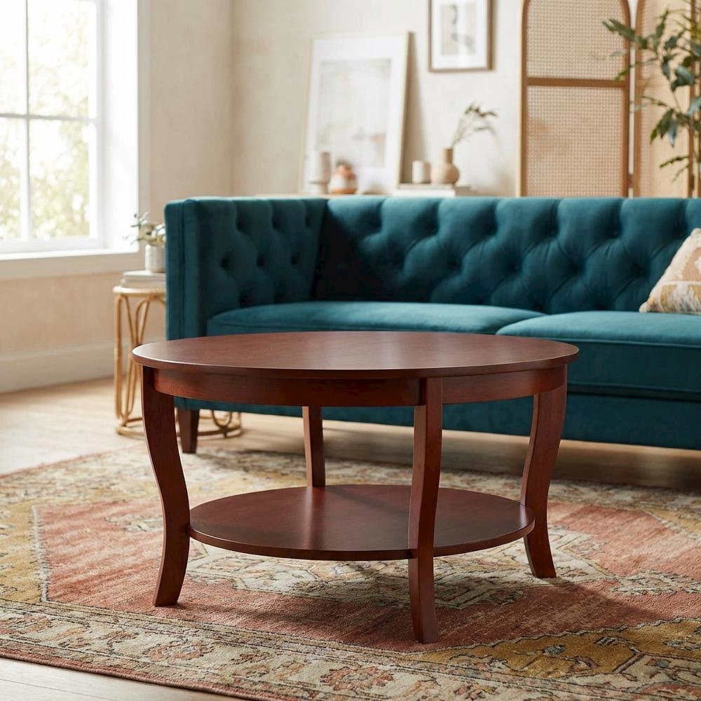 Distressed Round Coffee Table with Shelf in Classic Style, 30-Inch Diameter. Picture 2