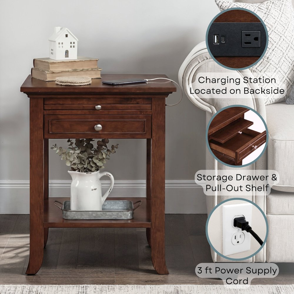1 Drawer End Table with Charging Station and Pull-Out Shelf. Picture 4