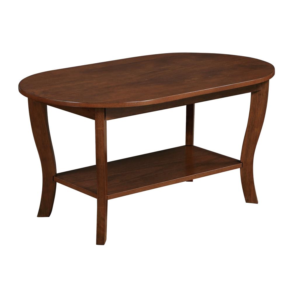 Brown Oval Coffee Table with Lower Shelf for Storage and Stylish Display. Picture 1