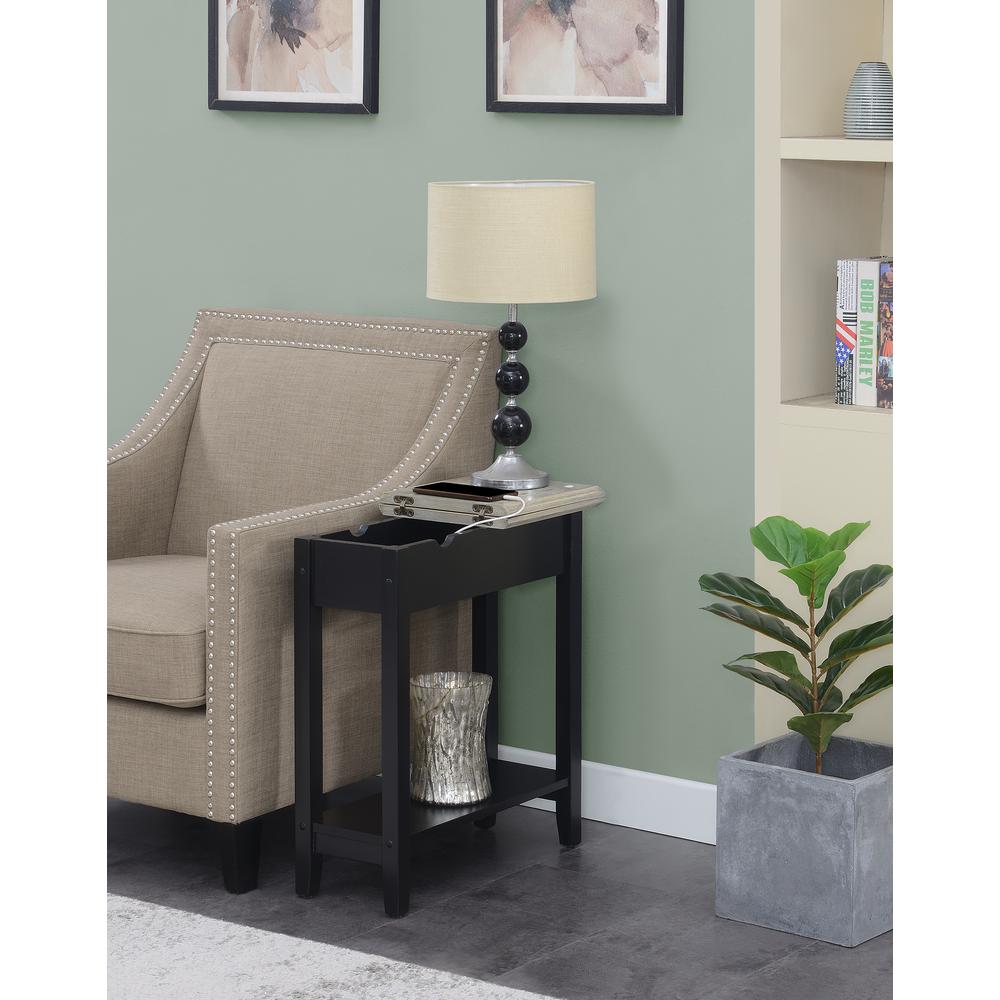 American Heritage Flip Top End Table With Charging Station, Faux Birch/Black. Picture 5