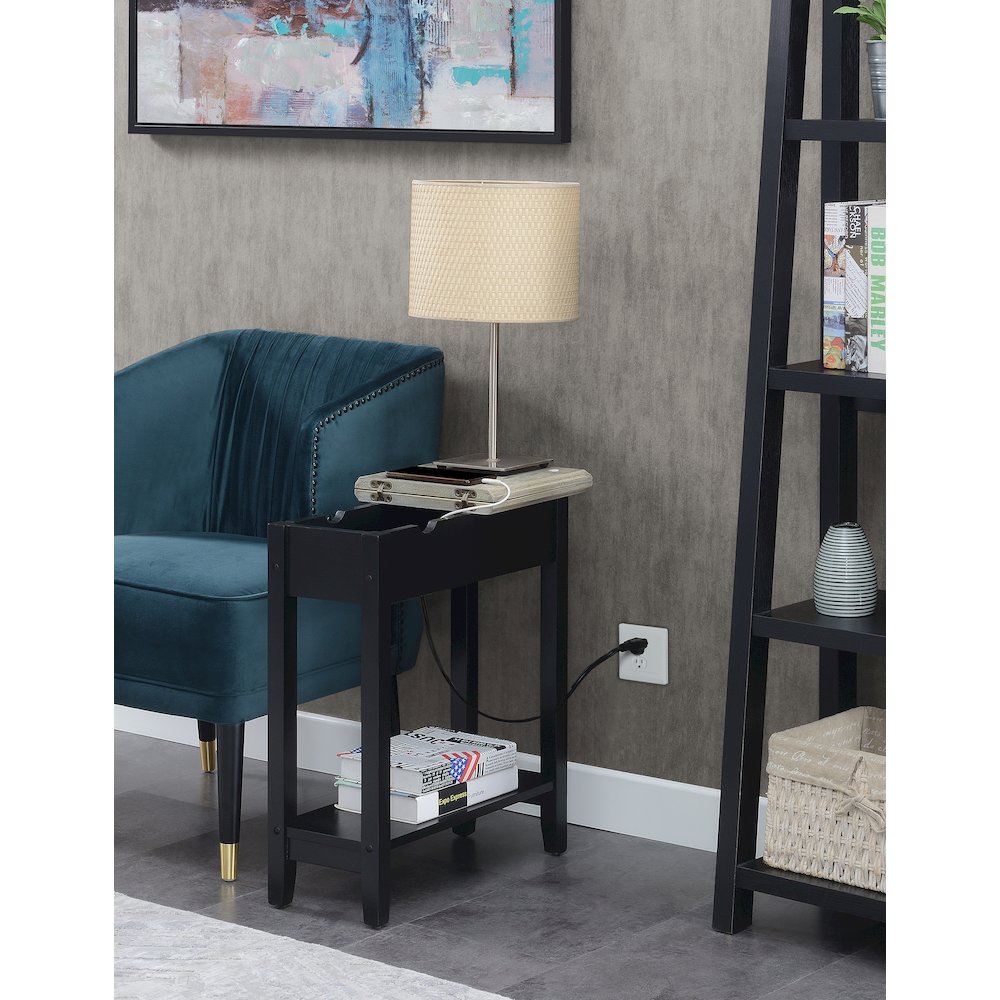 American Heritage Flip Top End Table With Charging Station, Faux Birch/Black. Picture 8