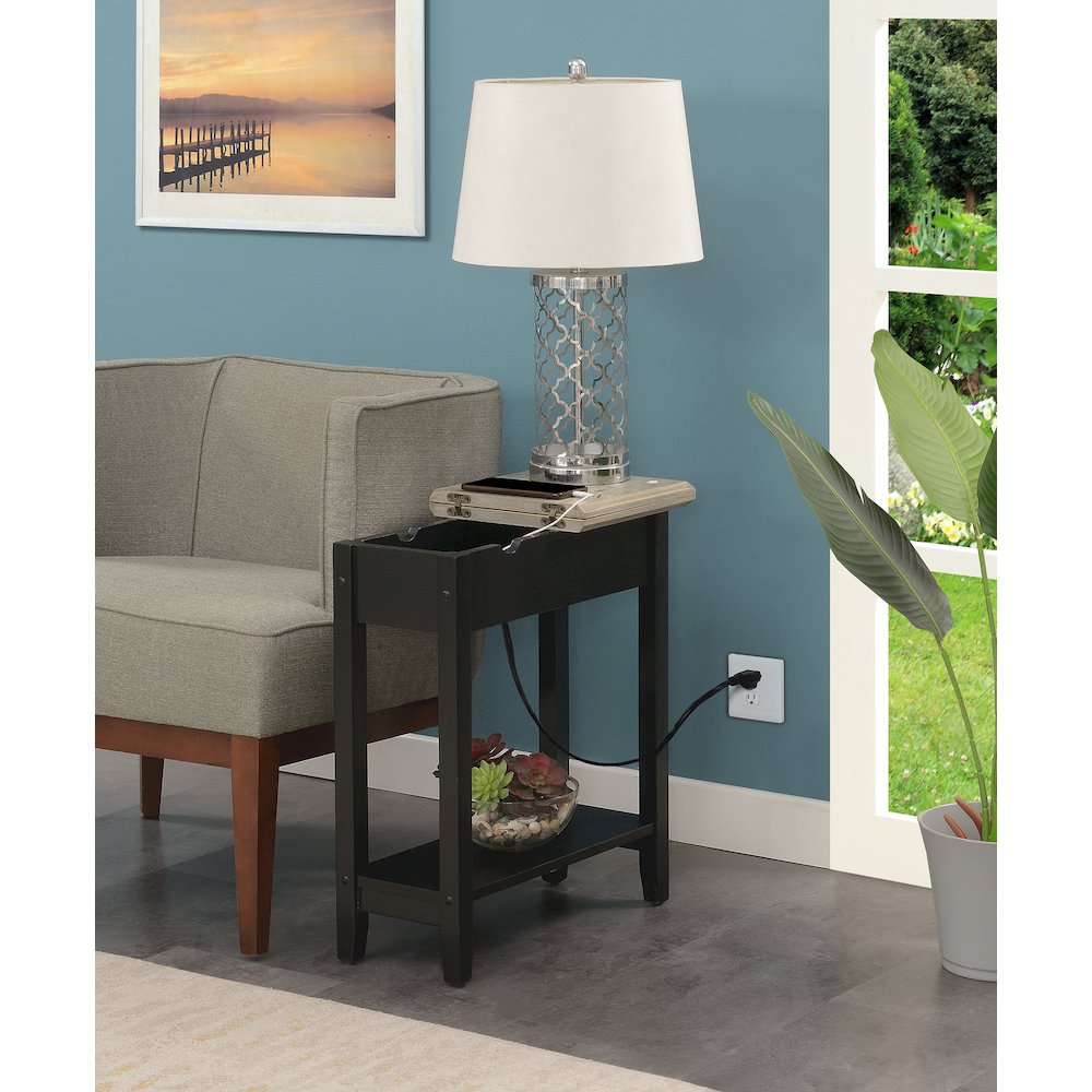 American Heritage Flip Top End Table With Charging Station, Faux Birch/Black. Picture 9