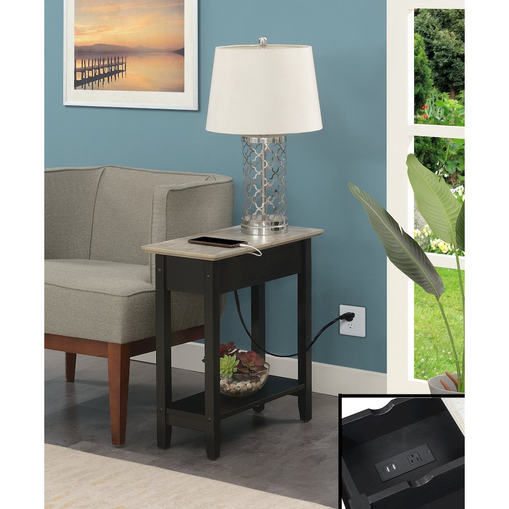 American Heritage Flip Top End Table With Charging Station, Faux Birch/Black. Picture 2