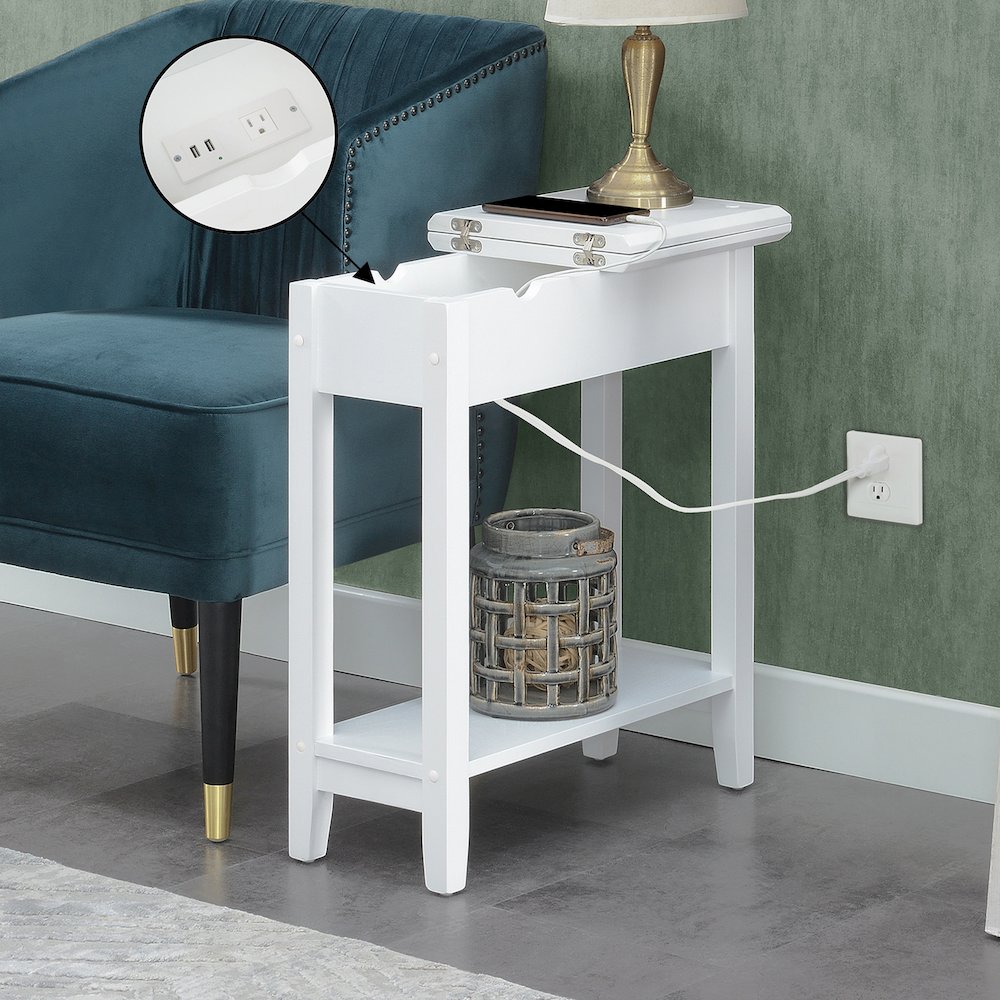 American Heritage Flip Top End Table With Charging Station, White. Picture 5