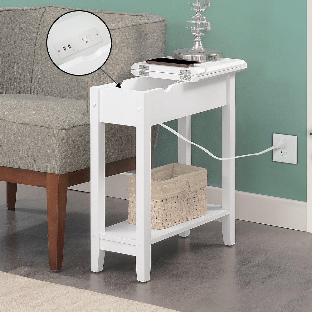 American Heritage Flip Top End Table With Charging Station, White. Picture 6