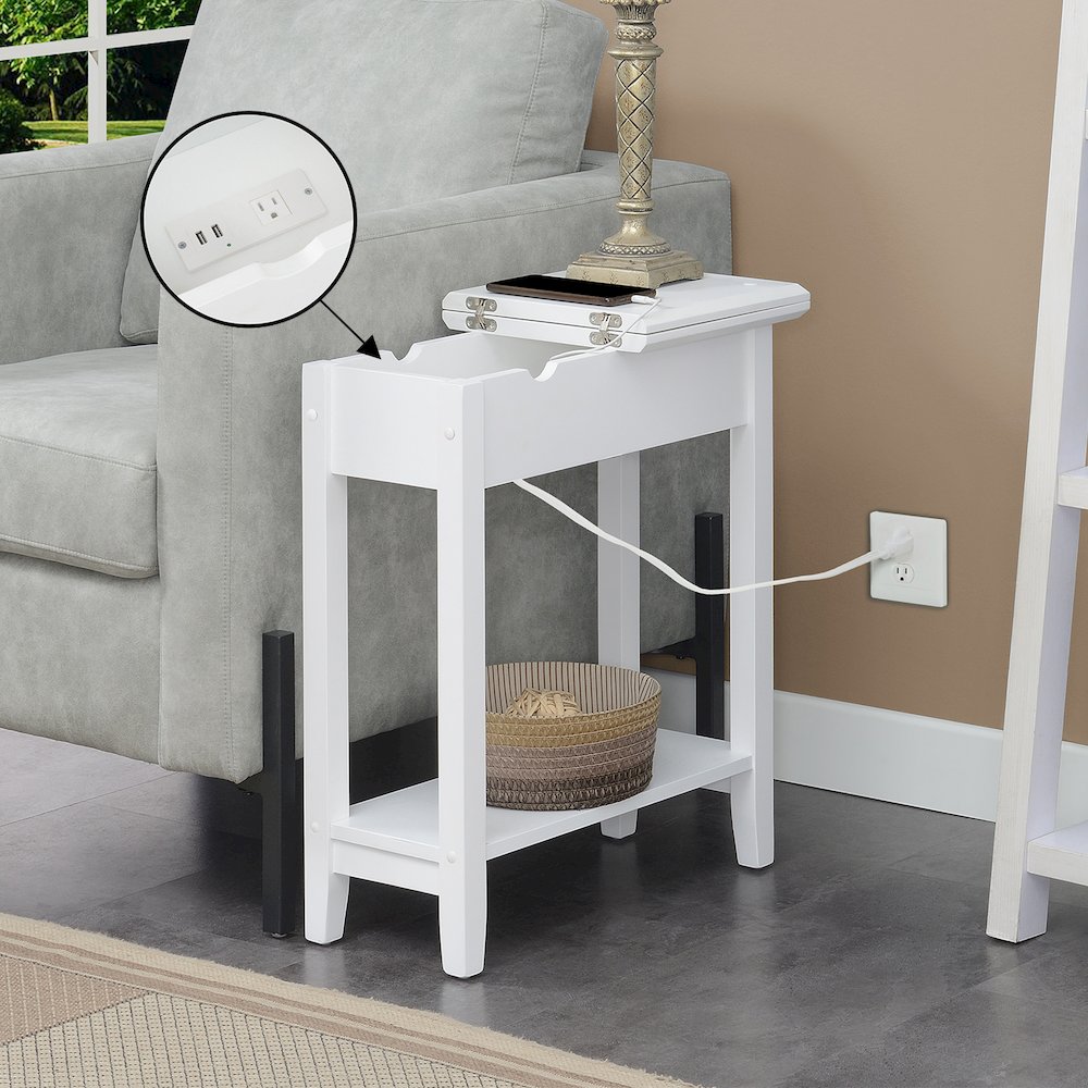 American Heritage Flip Top End Table With Charging Station, White. Picture 7