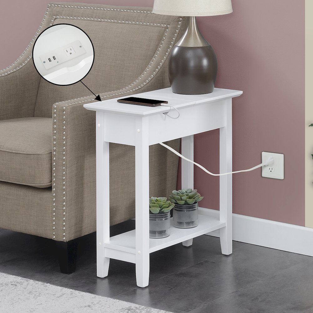 American Heritage Flip Top End Table With Charging Station, White. Picture 2