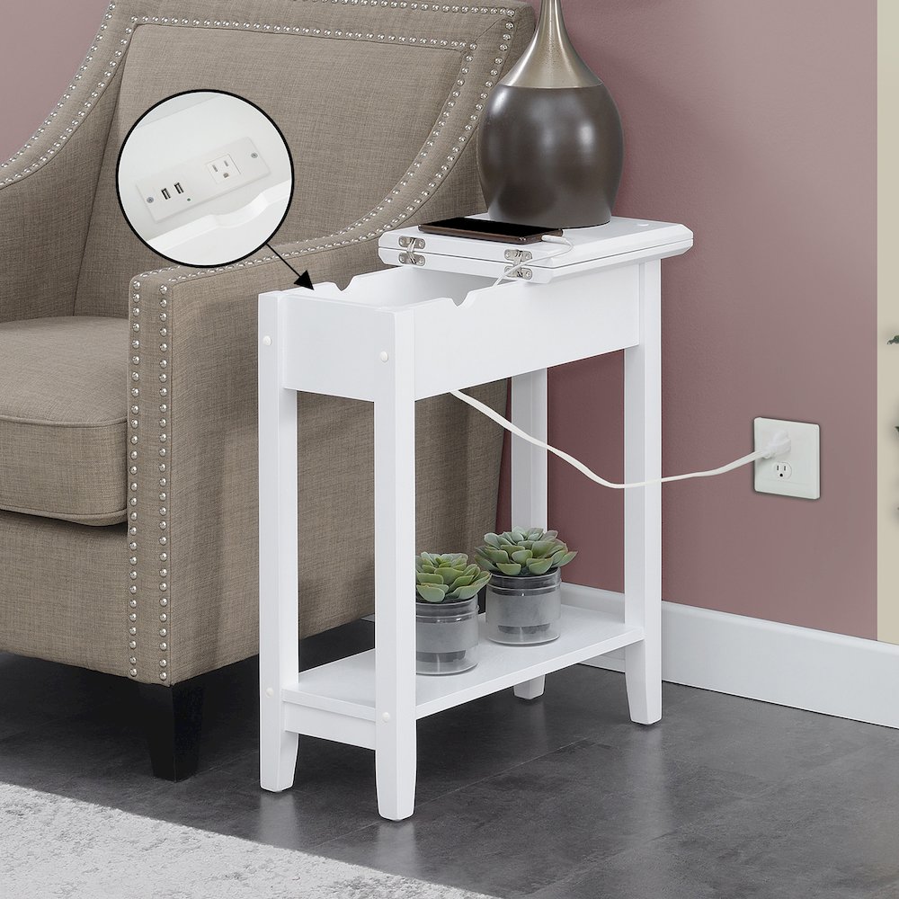 American Heritage Flip Top End Table With Charging Station, White. Picture 8