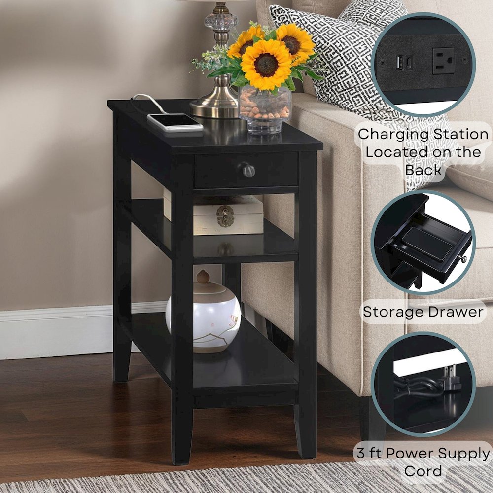 American Heritage 1 Drawer Chairside End Table with Charging Station and Shelves. Picture 4