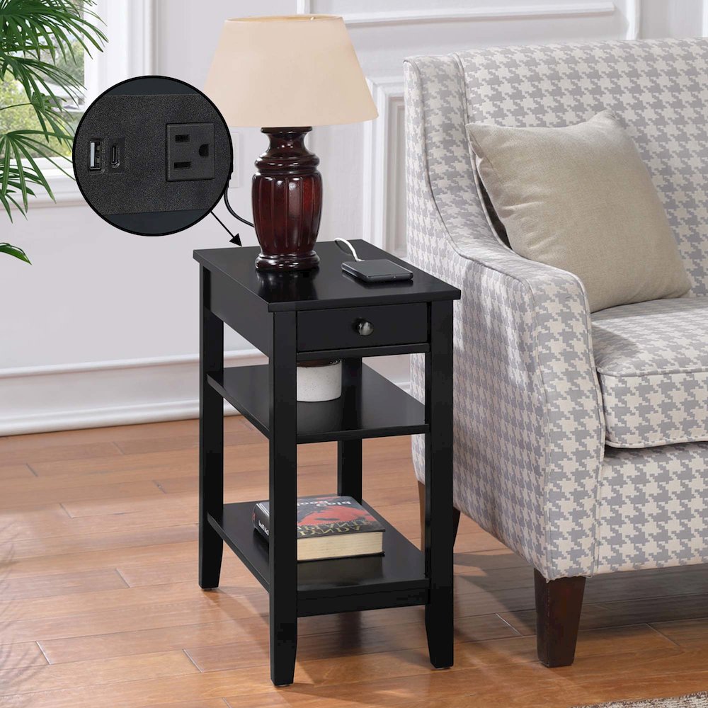 American Heritage 1 Drawer Chairside End Table with Charging Station and Shelves. Picture 2