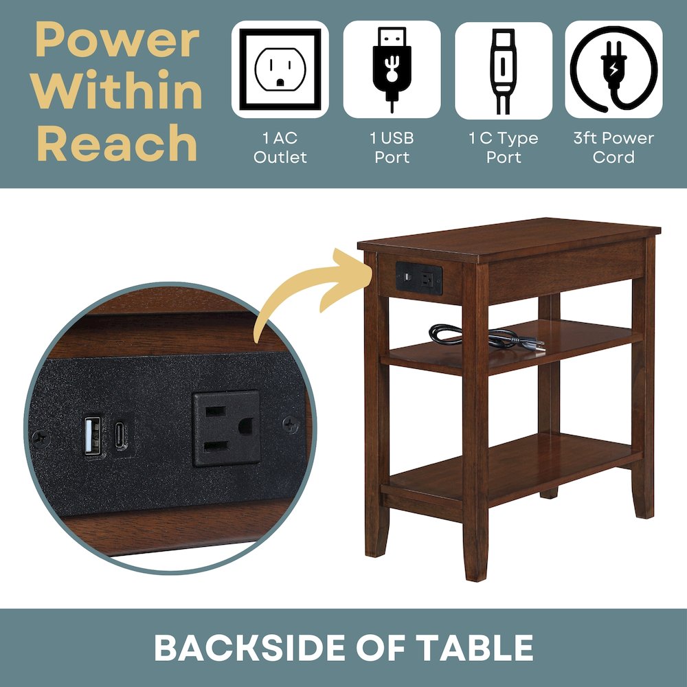 American Heritage 1 Drawer Chairside End Table with Charging Station and Shelves. Picture 5